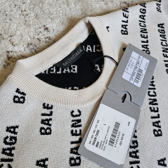 Balenciaga L XL White Chalk All Over Mini Logo Print Knit Sweater Wool Cotton IT - Picture 3 of 16
